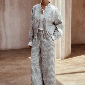 Black & White Casual Women's Striped Stand Collar Jacket And Loose Fit Pants Set